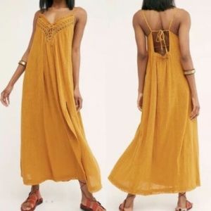 Free People Endless Summer Kini Maxi Dress Crochet Top Halter Tie Gold